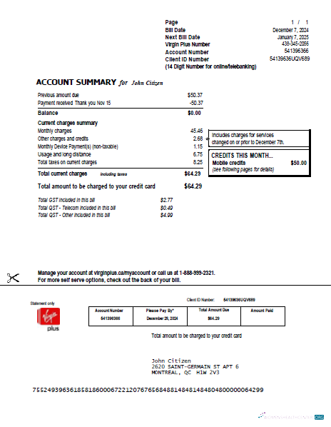 download download Canada Virgin Plus utility bill template in Word and PDF formats PDF template PDF template